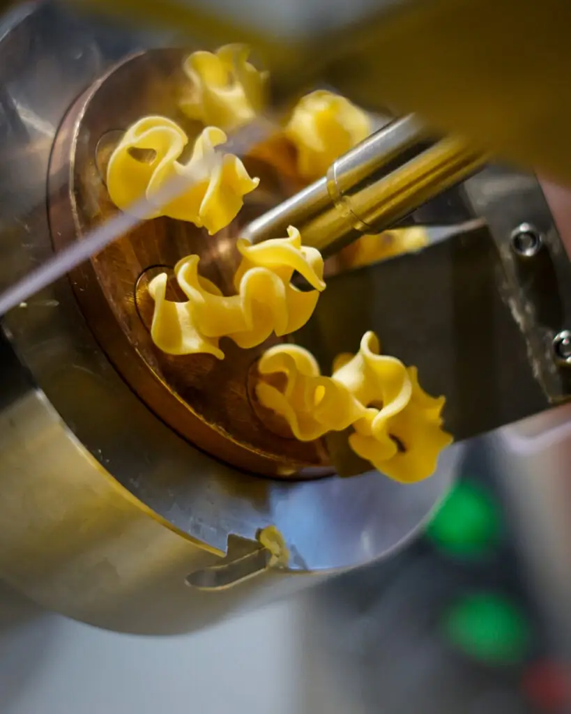 Photo de pâtes en macro dans la machine entrain d'être découper de la marque Gemani Réalisé par l'entreprise crakeo, agence de communication digitale web à tarbes